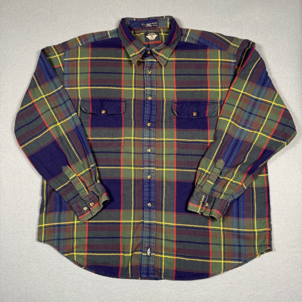 Dockers Plaid Flannel Shirt Mens XXL Green Blue Red Yellow Cotton Button Up Vtg